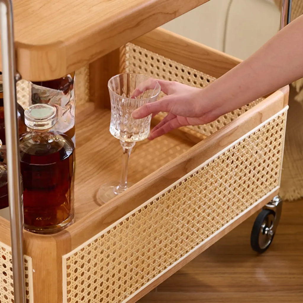 Rectangular Cherry Wood Storage Cart End Table with Wheels