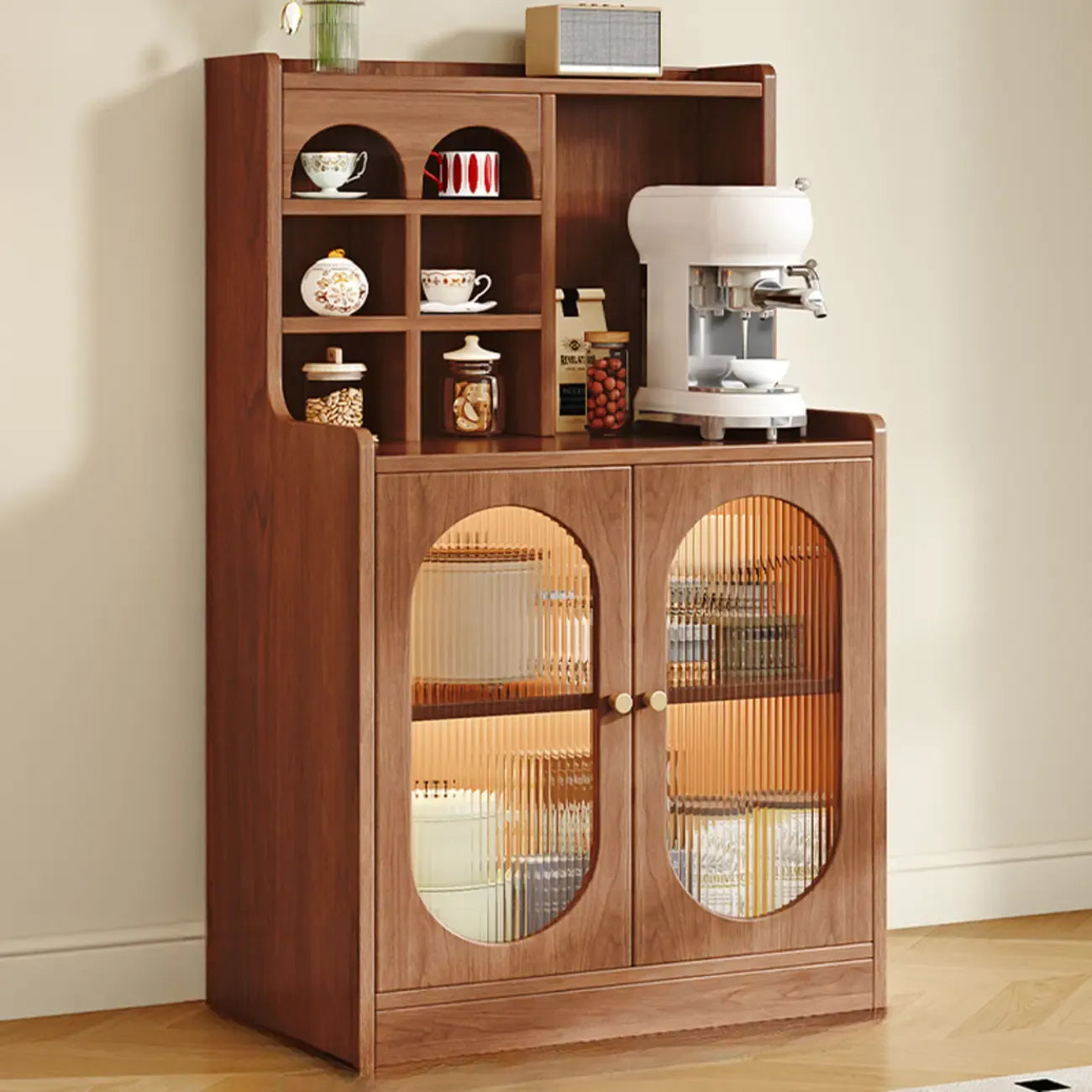 Oak Wood Open Storage Kitchen Sideboard with Cubbies