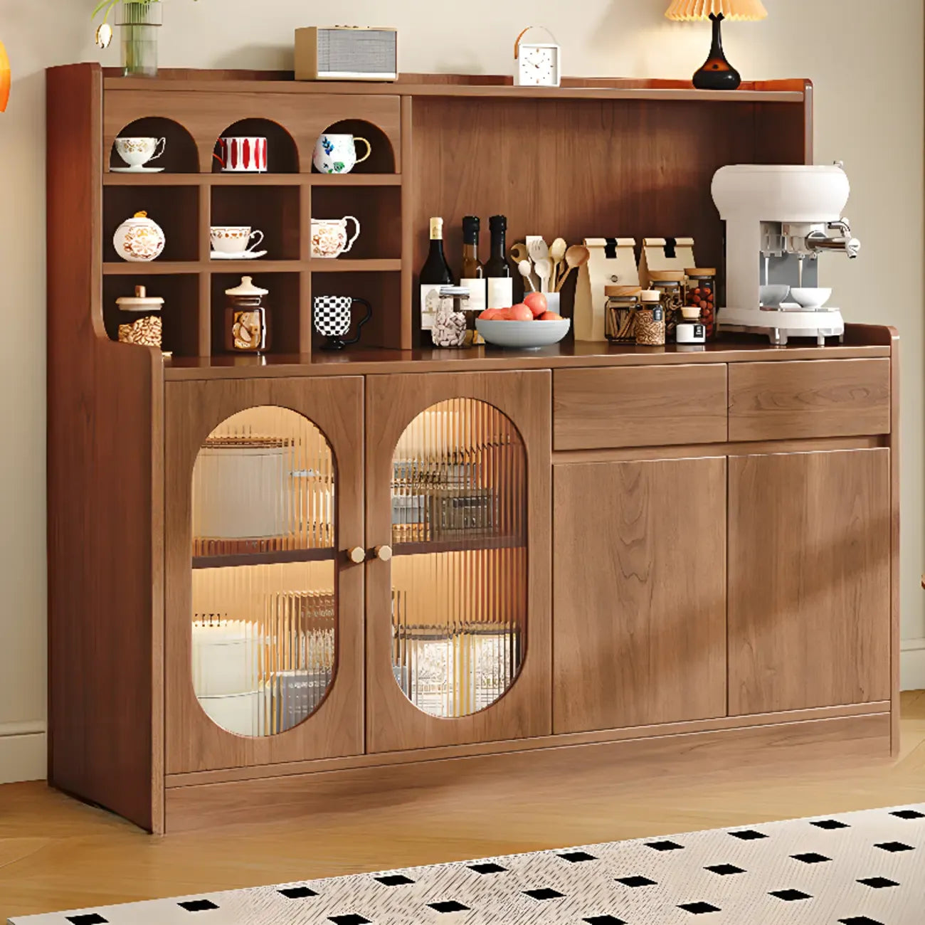 Oak Wood Open Storage Kitchen Sideboard with Cubbies