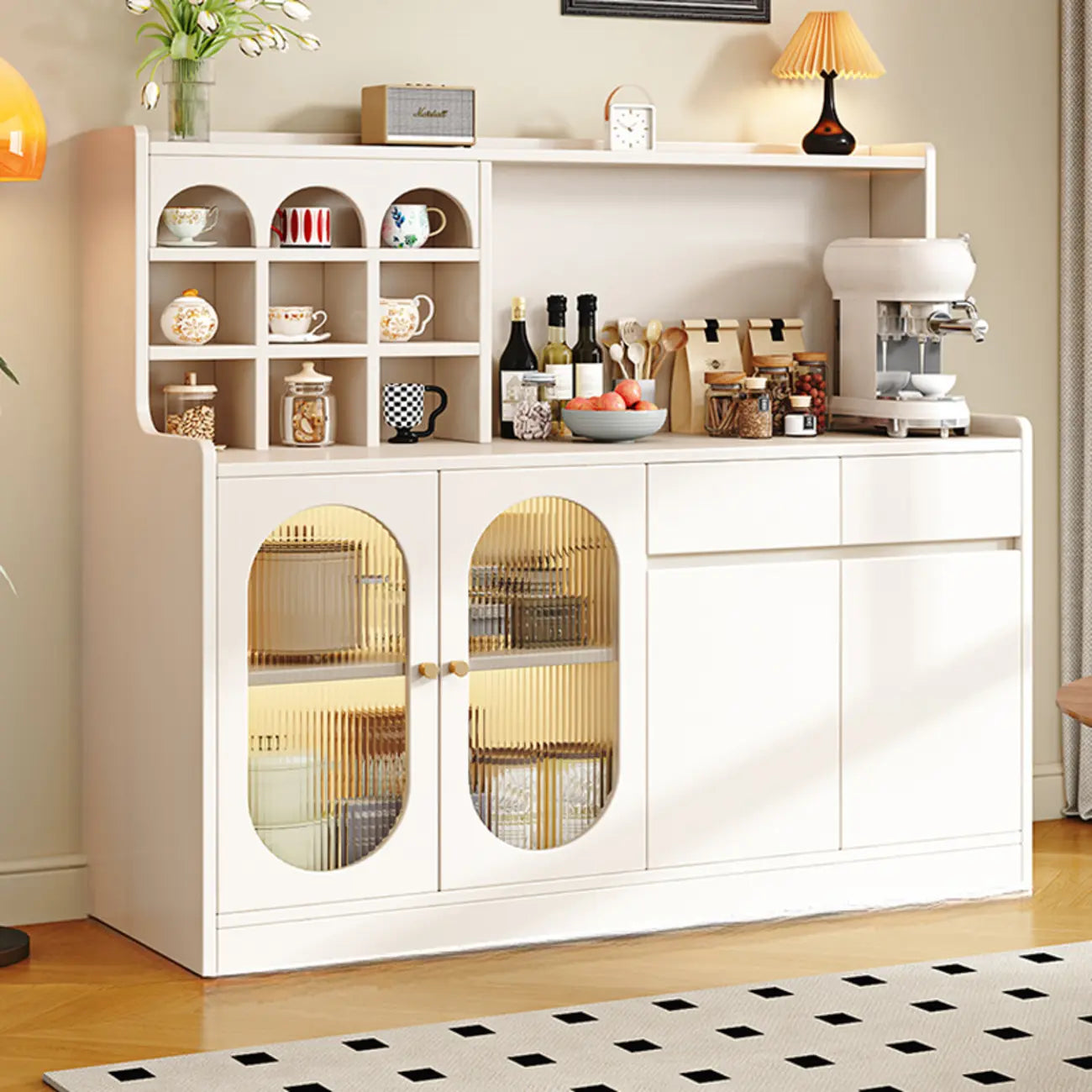 Oak Wood Open Storage Kitchen Sideboard with Cubbies