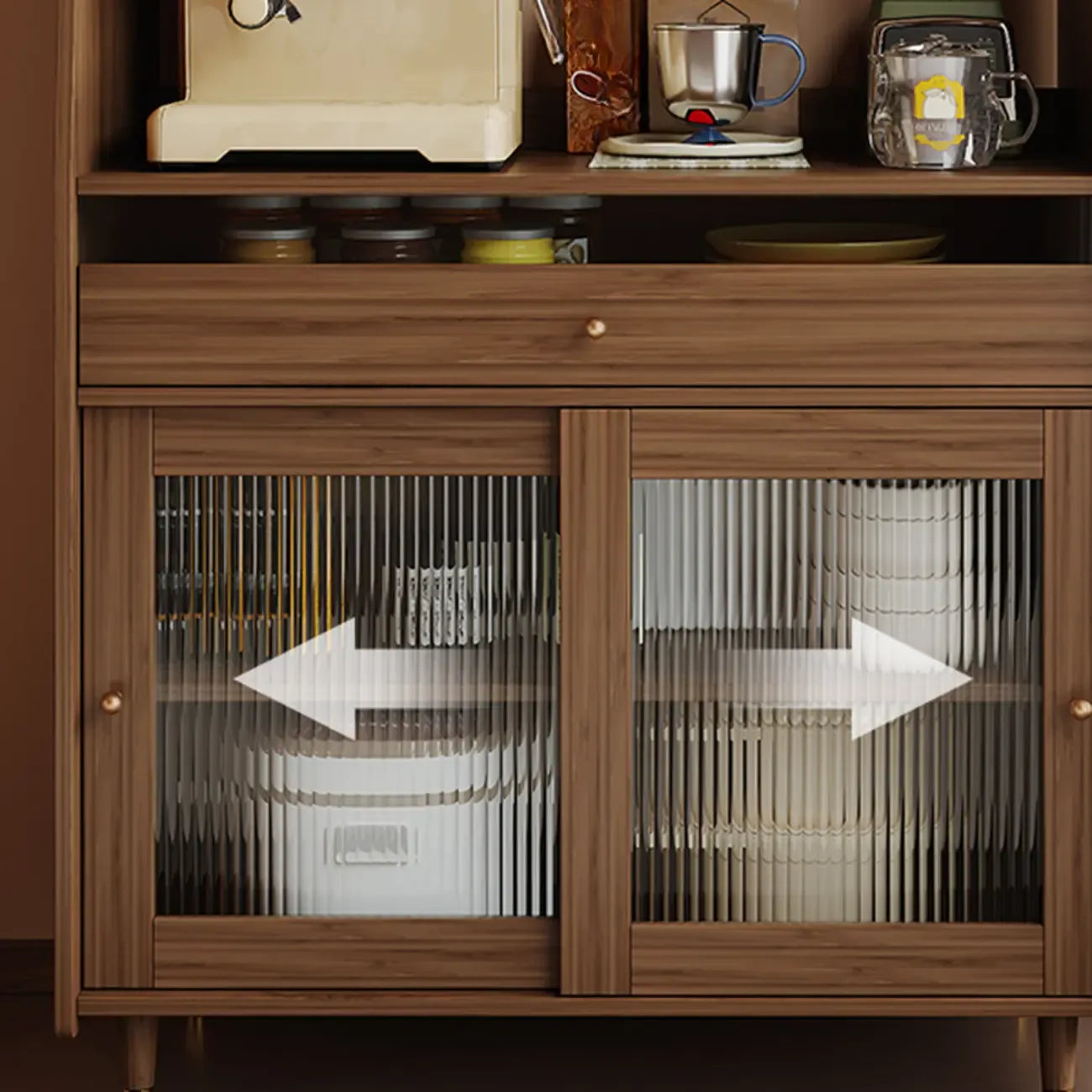 Modish Brown Wood Narrow Sideboard with Glass Doors