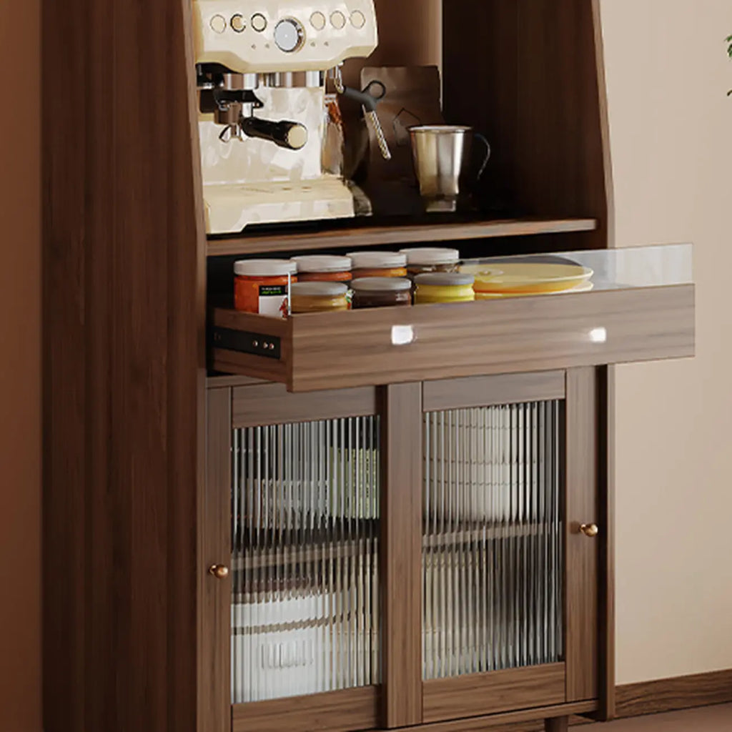 Modish Brown Wood Narrow Sideboard with Glass Doors
