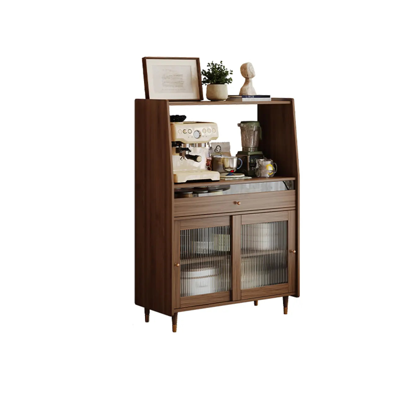 Modish Brown Wood Narrow Sideboard with Glass Doors