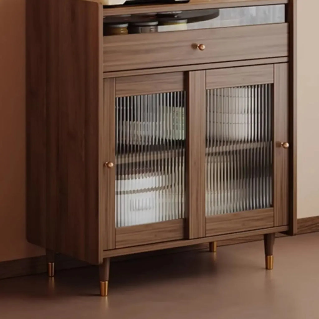 Modish Brown Wood Narrow Sideboard with Glass Doors