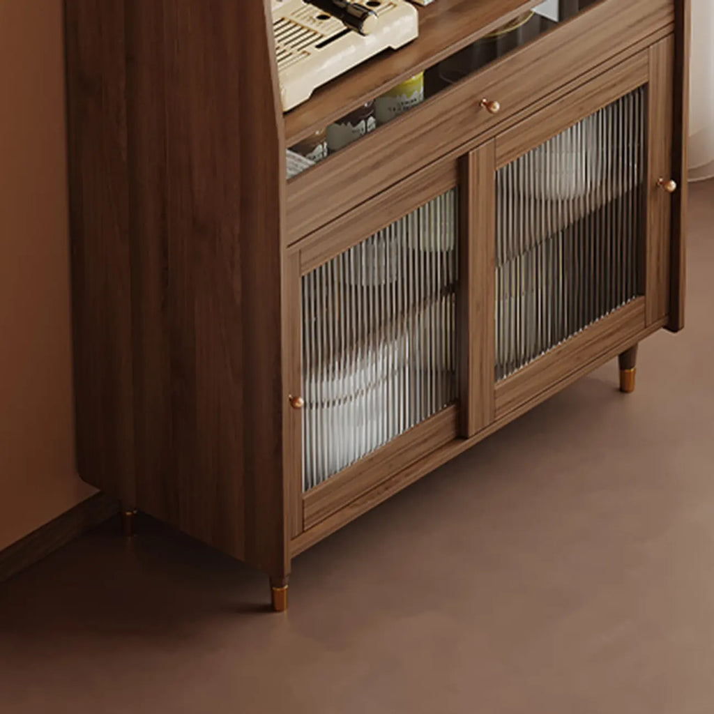 Modish Brown Wood Narrow Sideboard with Glass Doors