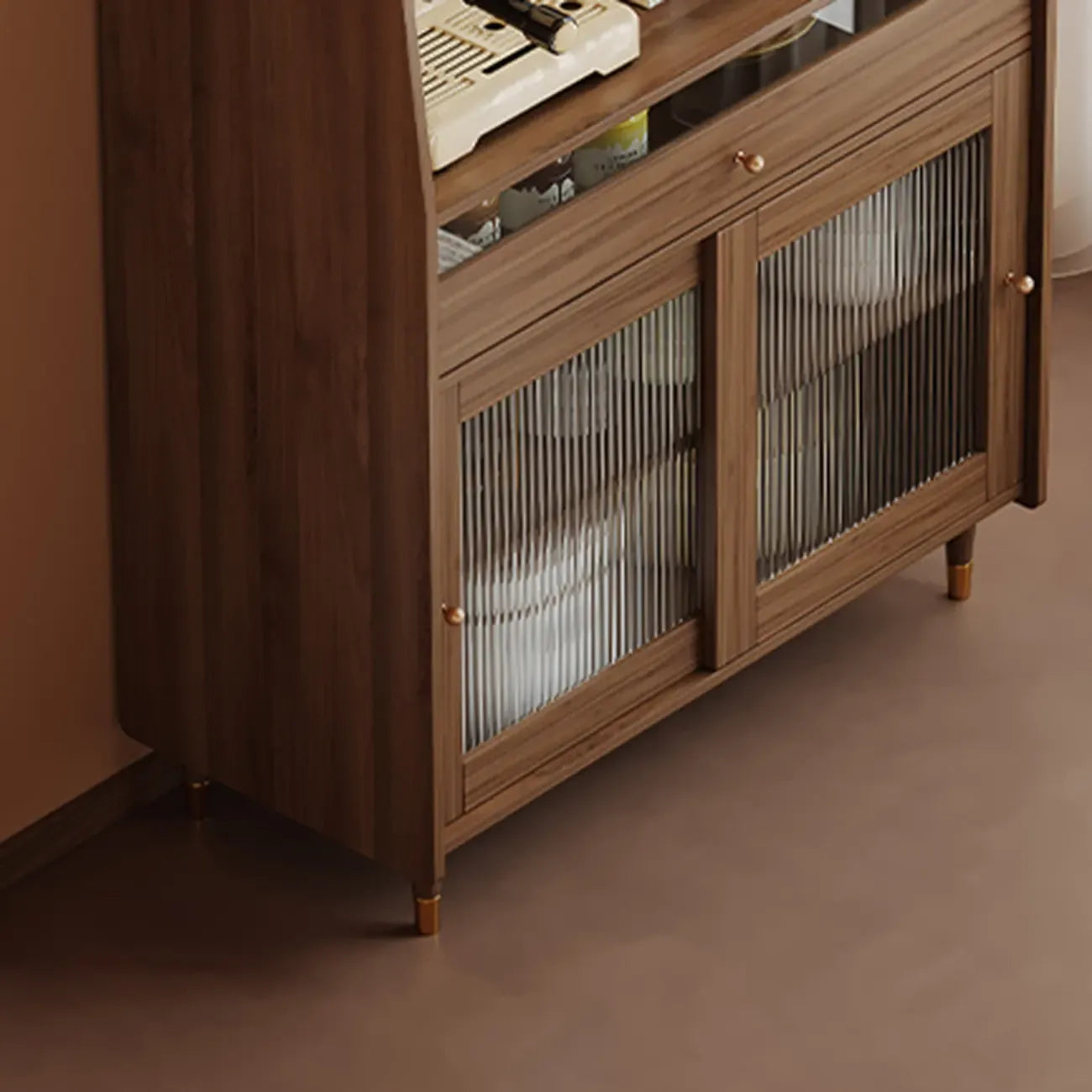 Modish Brown Wood Narrow Sideboard with Glass Doors