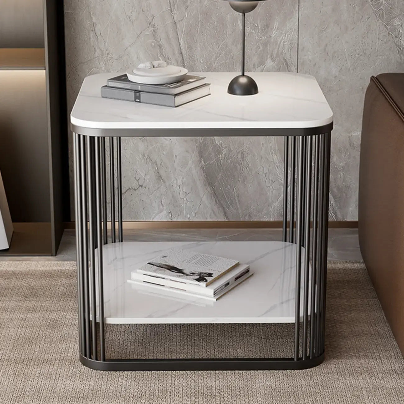 Sleek Square Stone Top Metal Frame Side Table in White/Black