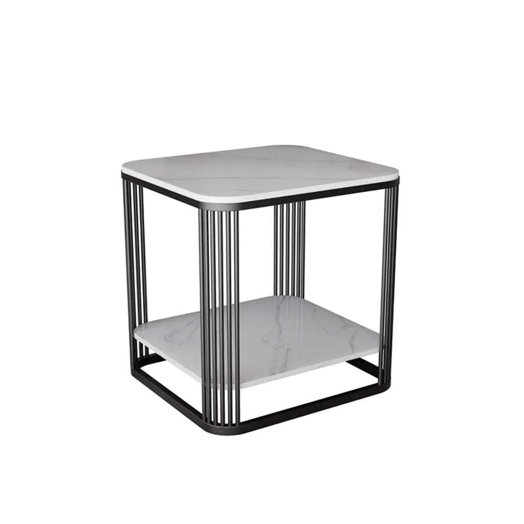Sleek Square Stone Top Metal Frame Side Table in White/Black