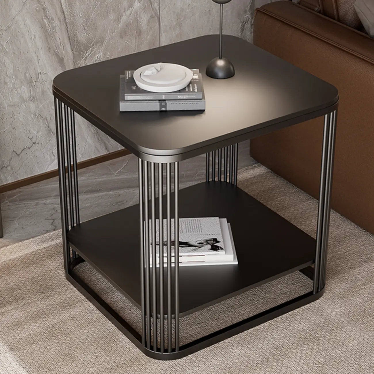 Sleek Square Stone Top Metal Frame Side Table in White/Black