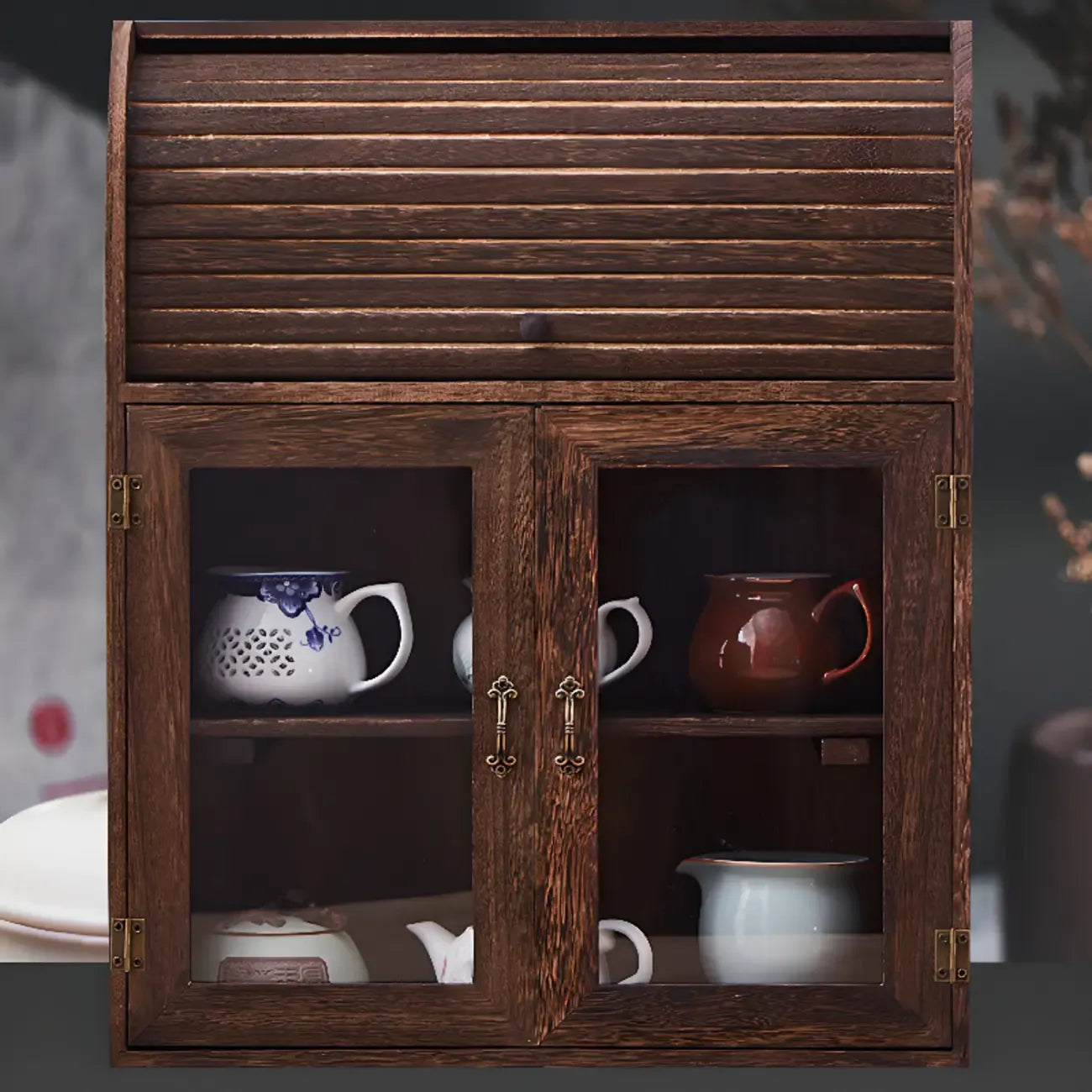 Traditional Wood Glass Door Kitchen Storage Cabinet