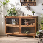 Rustic Brown Minimalist Wooden Ground China Cabinet with Multiple Cabinets and Shelves, Glass Doors