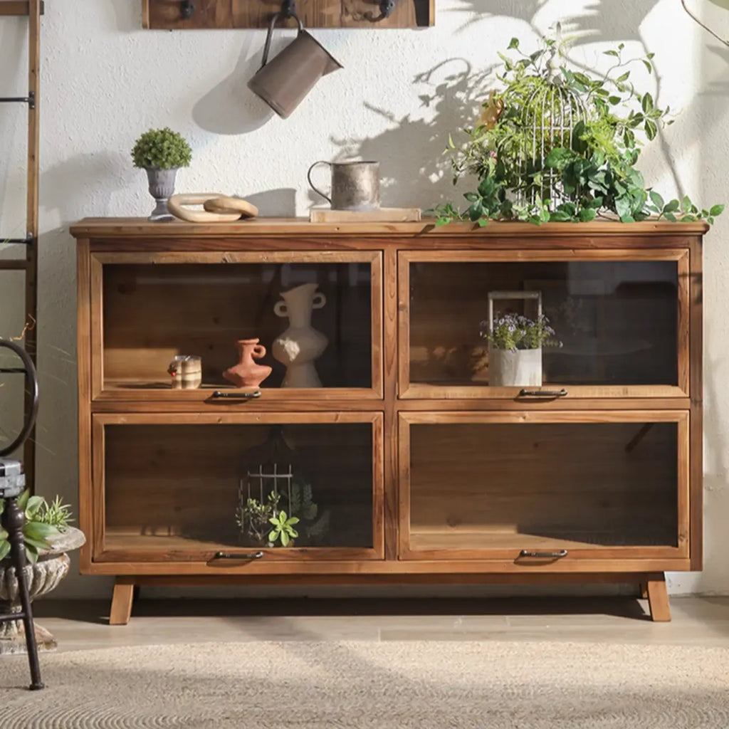 Rustic Brown Minimalist Wooden Ground China Cabinet with Multiple Cabinets and Shelves, Glass Doors
