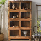Rustic Brown Minimalist Wooden Ground China Cabinet with Multiple Cabinets and Shelves, Glass Doors