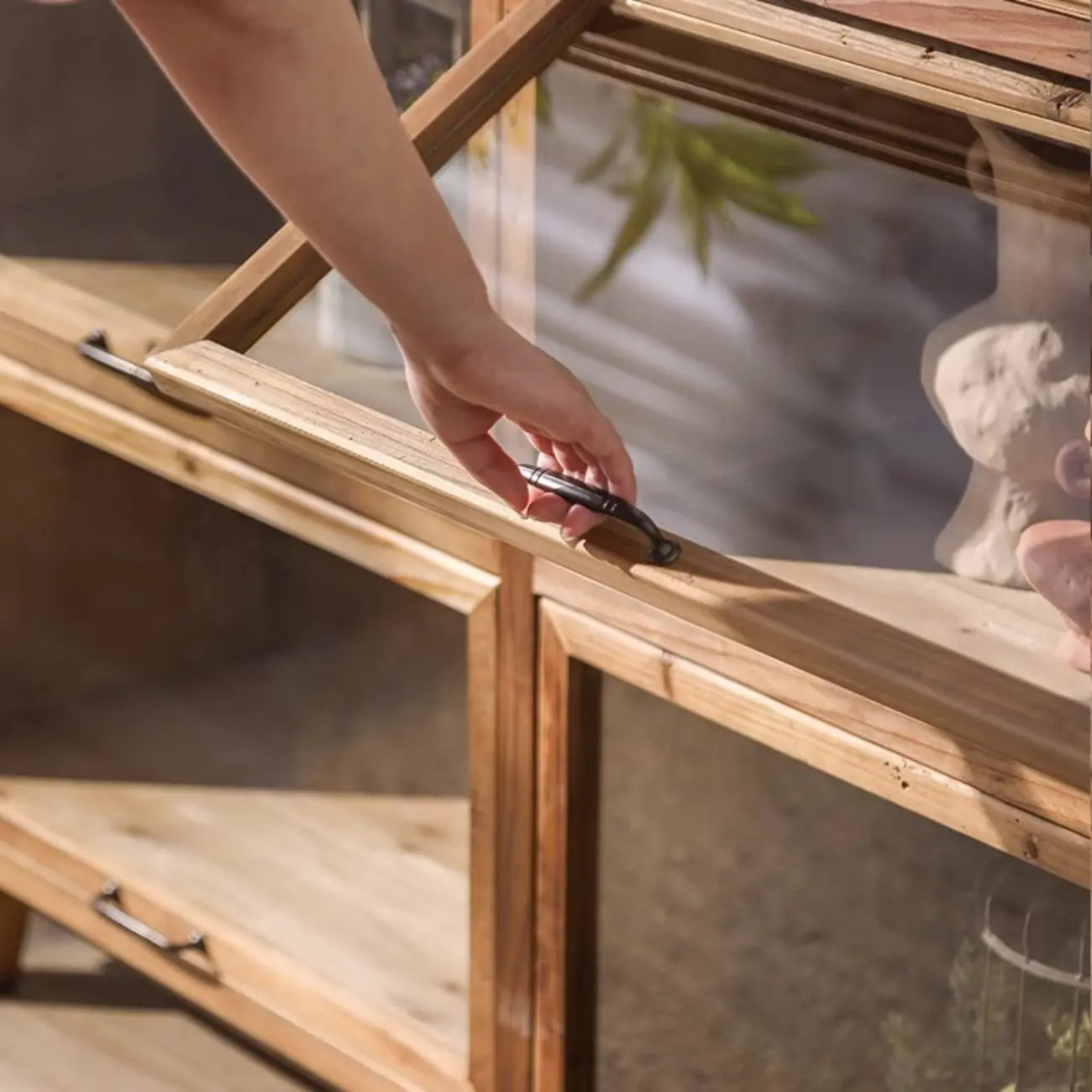 Rustic Brown Minimalist Wooden Ground China Cabinet with Multiple Cabinets and Shelves, Glass Doors