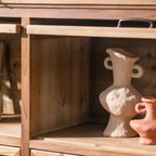 Rustic Brown Minimalist Wooden Ground China Cabinet with Multiple Cabinets and Shelves, Glass Doors