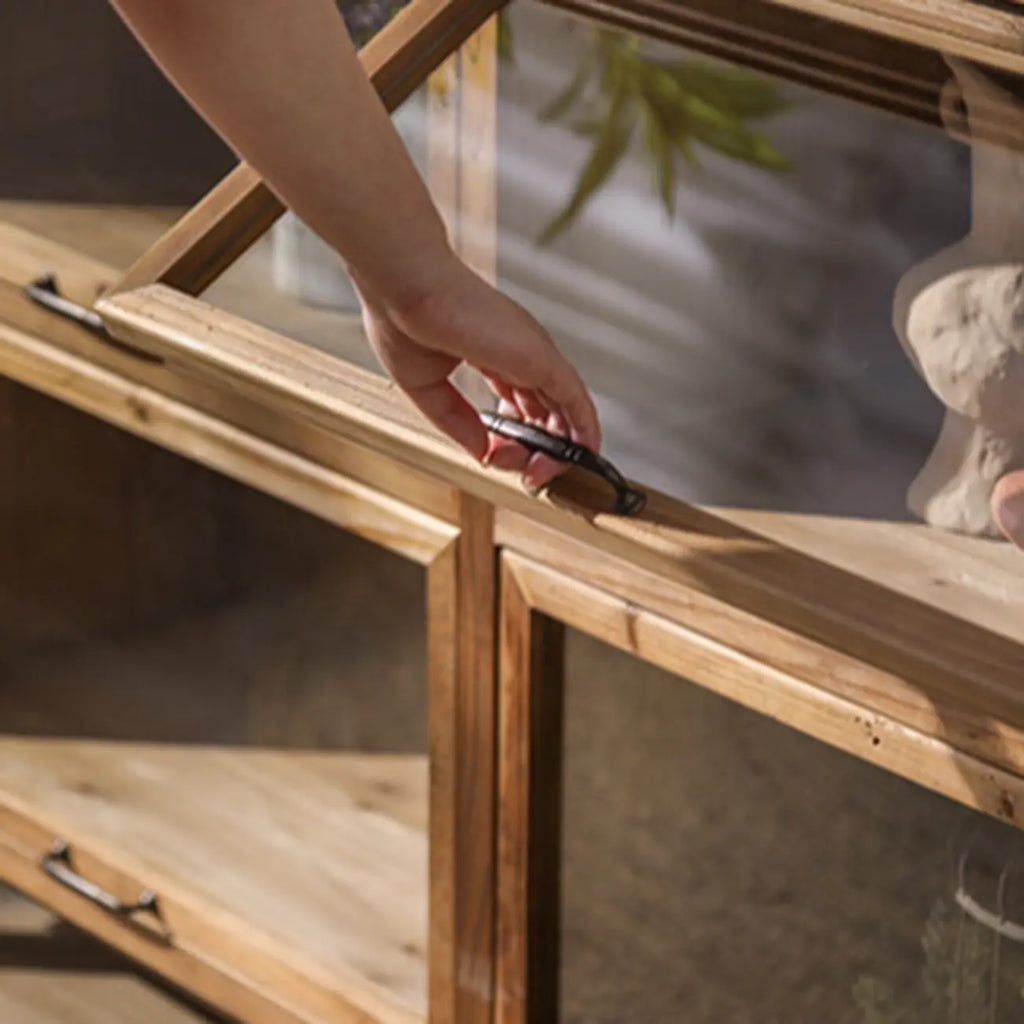 Rustic Brown Minimalist Wooden Ground China Cabinet with Multiple Cabinets and Shelves, Glass Doors