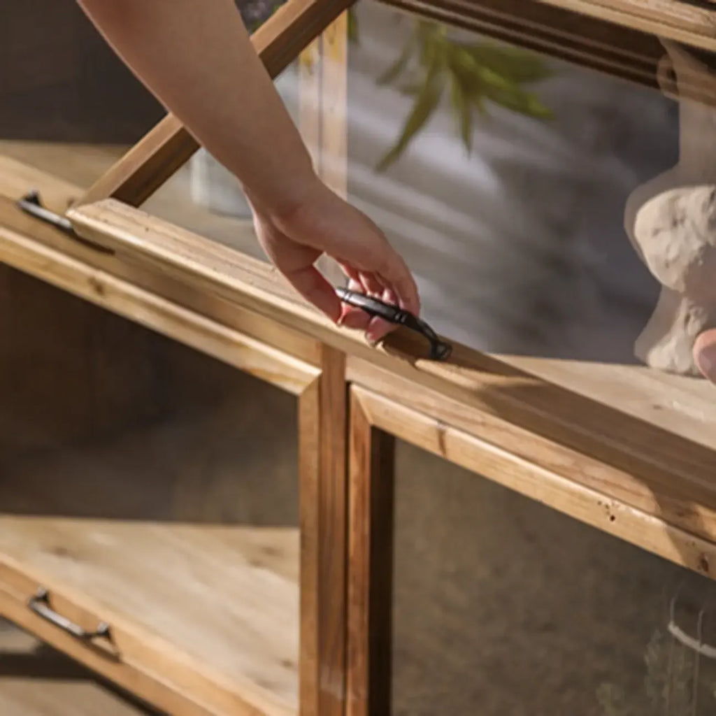 Rustic Brown Minimalist Wooden Ground China Cabinet with Multiple Cabinets and Shelves, Glass Doors