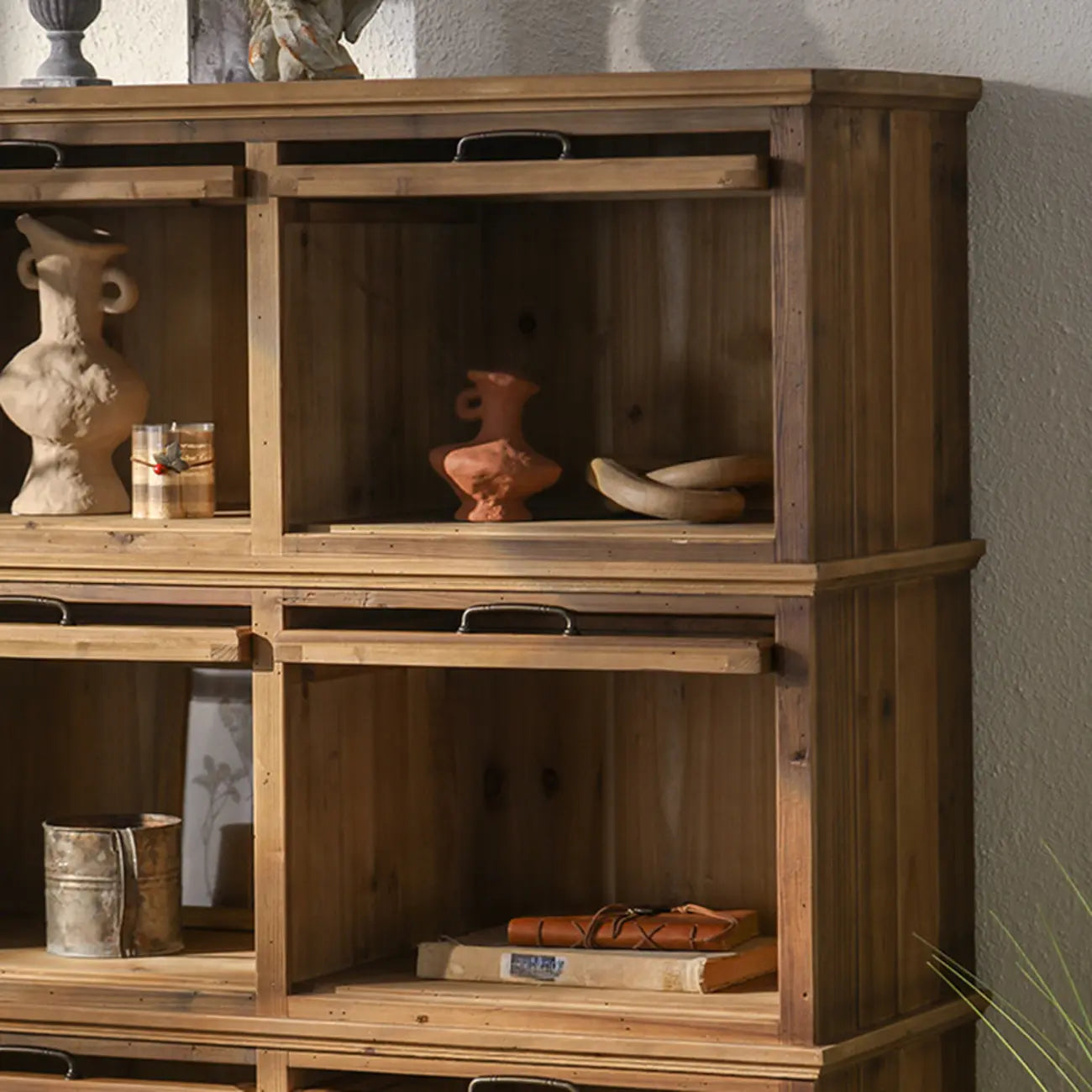 Rustic Brown Minimalist Wooden Ground China Cabinet with Multiple Cabinets and Shelves, Glass Doors