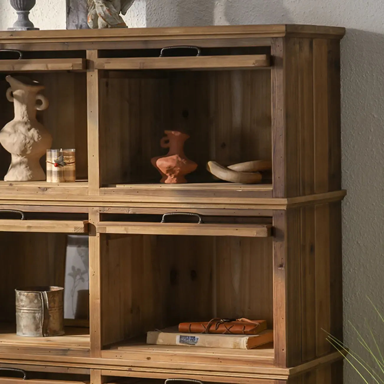 Rustic Brown Minimalist Wooden Ground China Cabinet with Multiple Cabinets and Shelves, Glass Doors