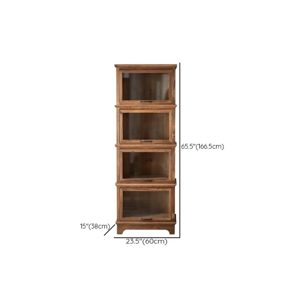 Rustic Brown Minimalist Wooden Ground China Cabinet with Multiple Cabinets and Shelves, Glass Doors