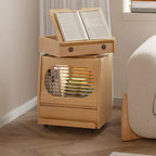 Mobile Natural Wooden Flip-Top Side Table with Storage Drawers