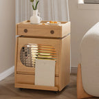 Mobile Natural Wooden Flip-Top Side Table with Storage Drawers