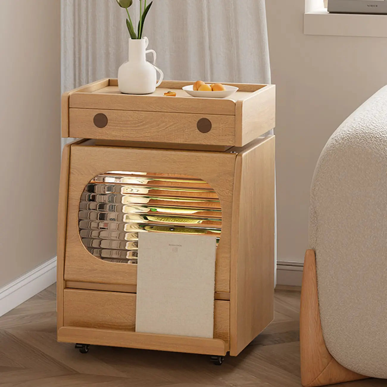 Mobile Natural Wooden Flip-Top Side Table with Storage Drawers