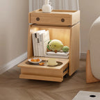 Mobile Natural Wooden Flip-Top Side Table with Storage Drawers
