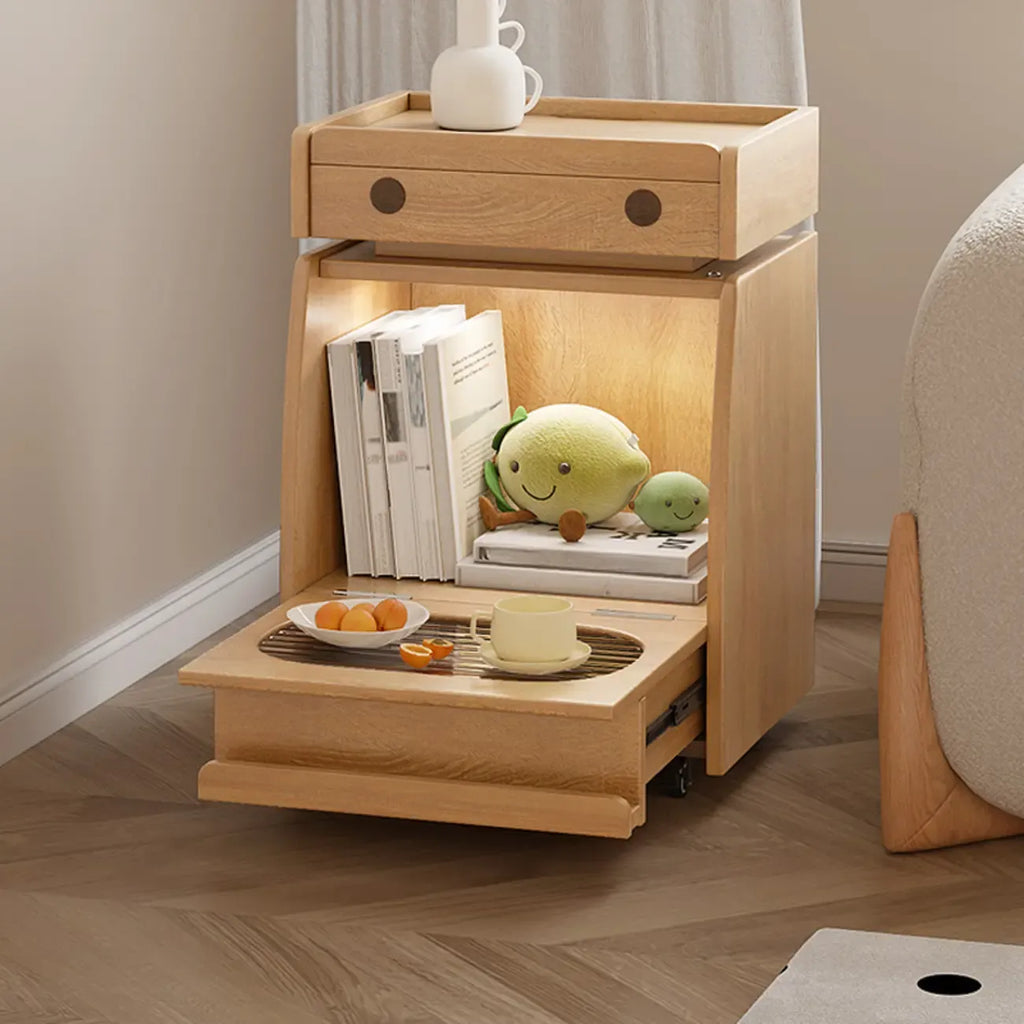Mobile Natural Wooden Flip-Top Side Table with Storage Drawers
