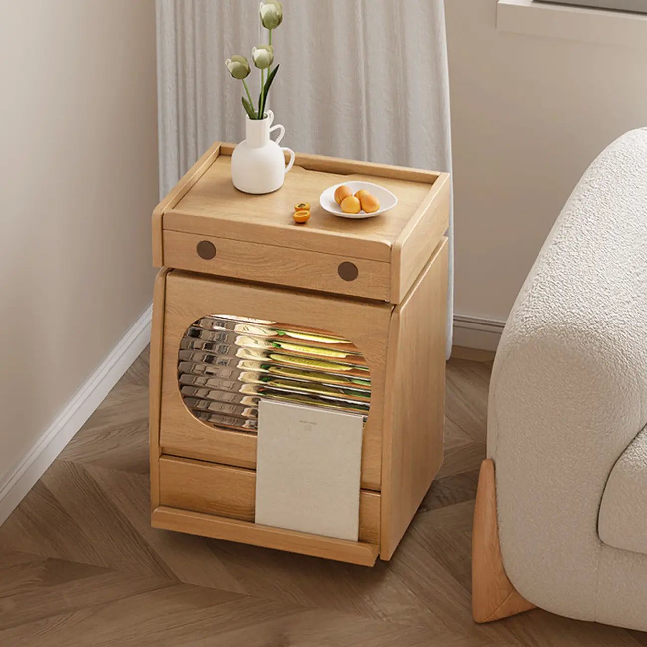 Mobile Natural Wooden Flip-Top Side Table with Storage Drawers
