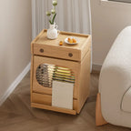 Mobile Natural Wooden Flip-Top Side Table with Storage Drawers