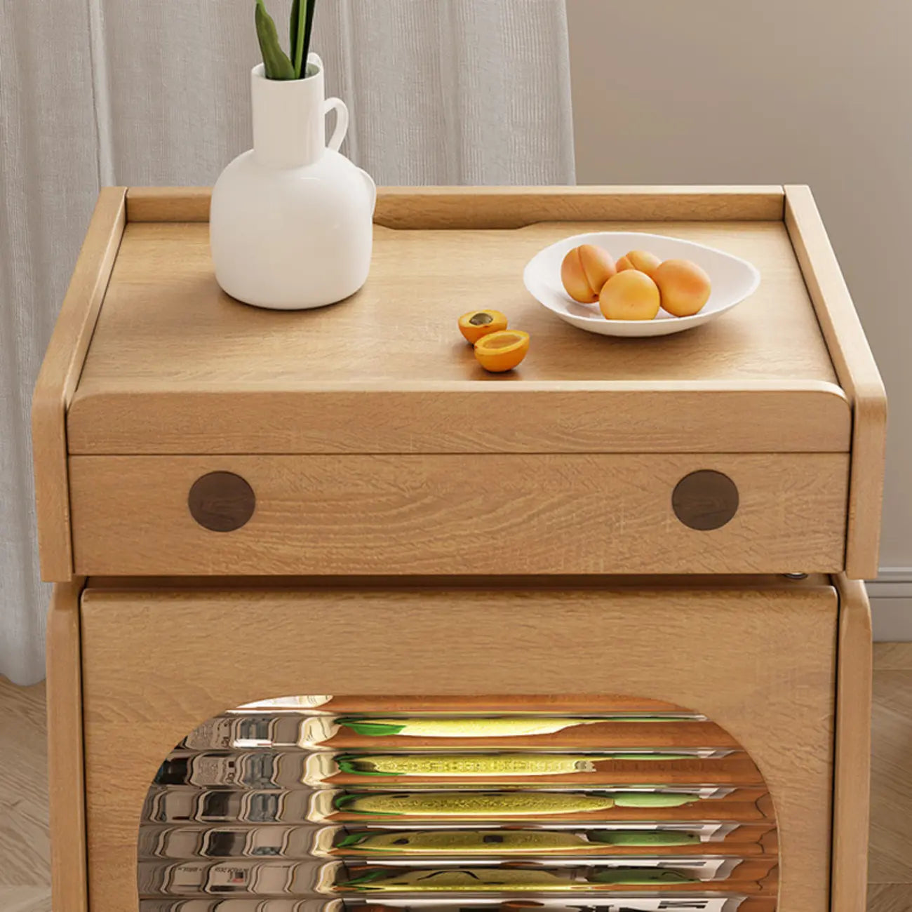 Mobile Natural Wooden Flip-Top Side Table with Storage Drawers