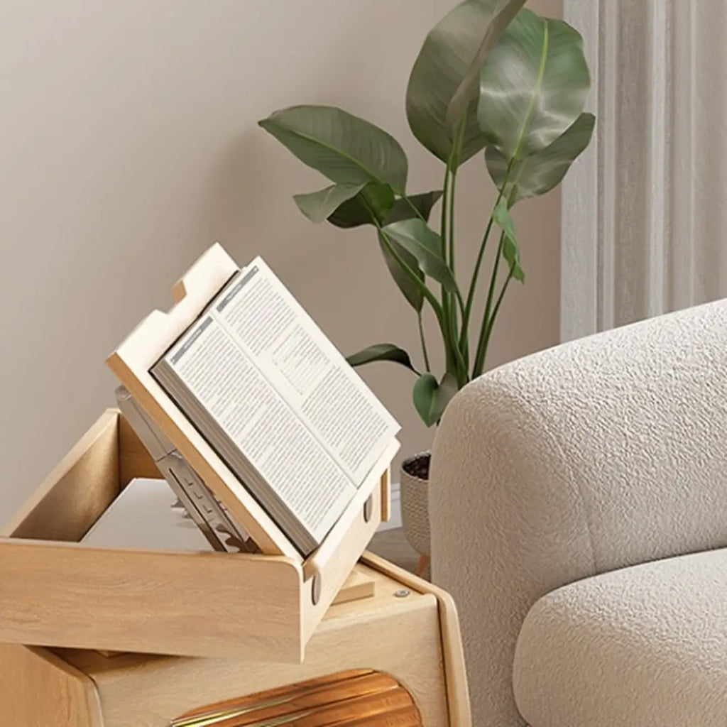Mobile Natural Wooden Flip-Top Side Table with Storage Drawers