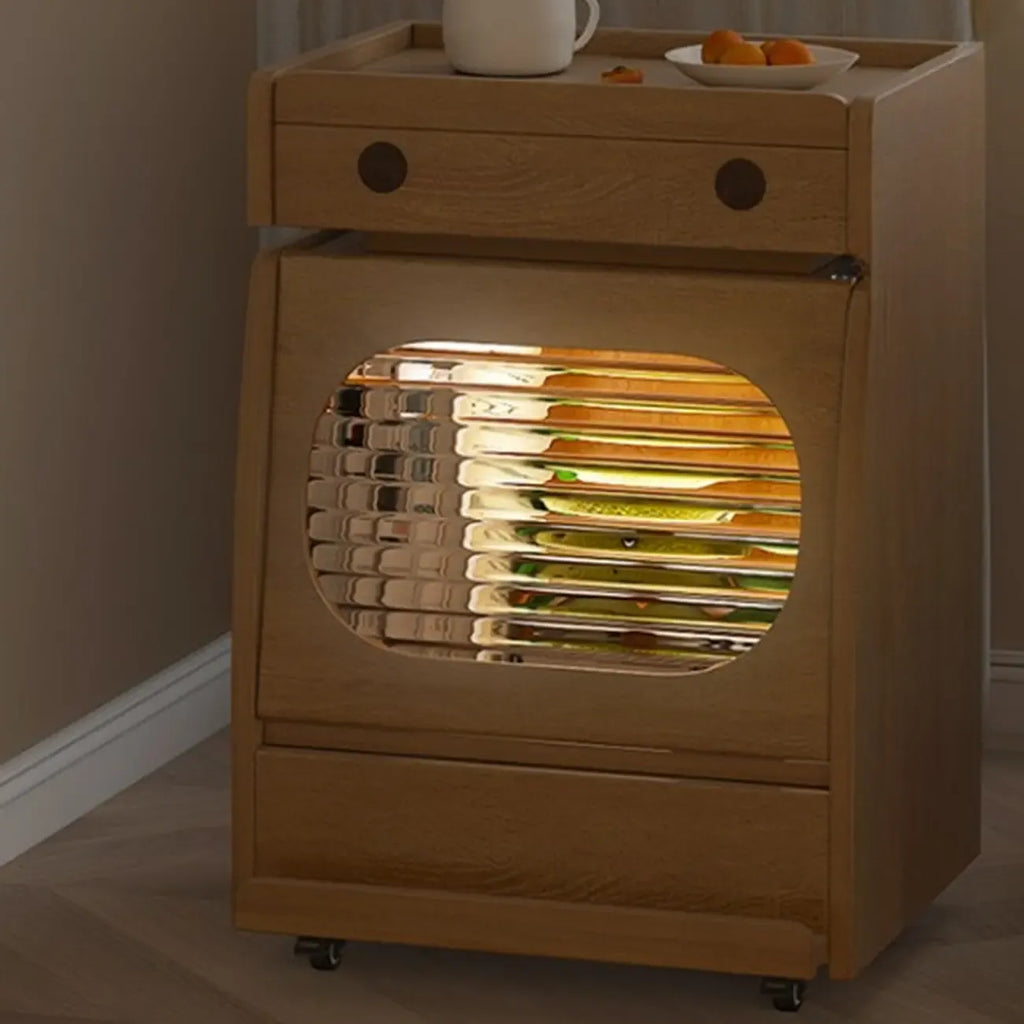 Mobile Natural Wooden Flip-Top Side Table with Storage Drawers