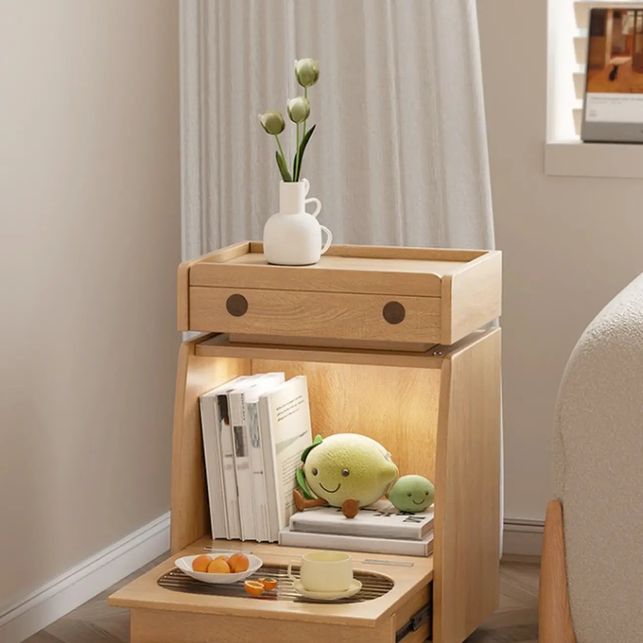 Mobile Natural Wooden Flip-Top Side Table with Storage Drawers