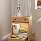 Mobile Natural Wooden Flip-Top Side Table with Storage Drawers