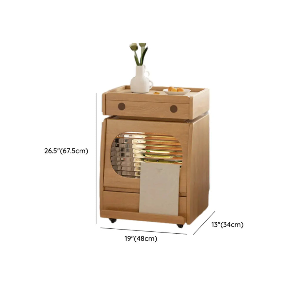Mobile Natural Wooden Flip-Top Side Table with Storage Drawers