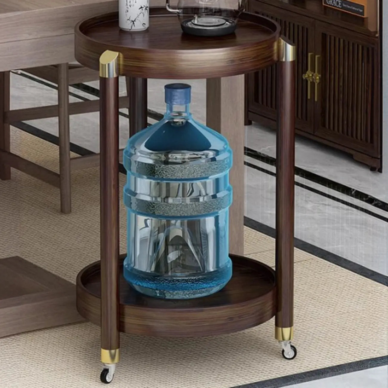 3-Tier Bamboo Brown Round Swivel Side Table for Living Room