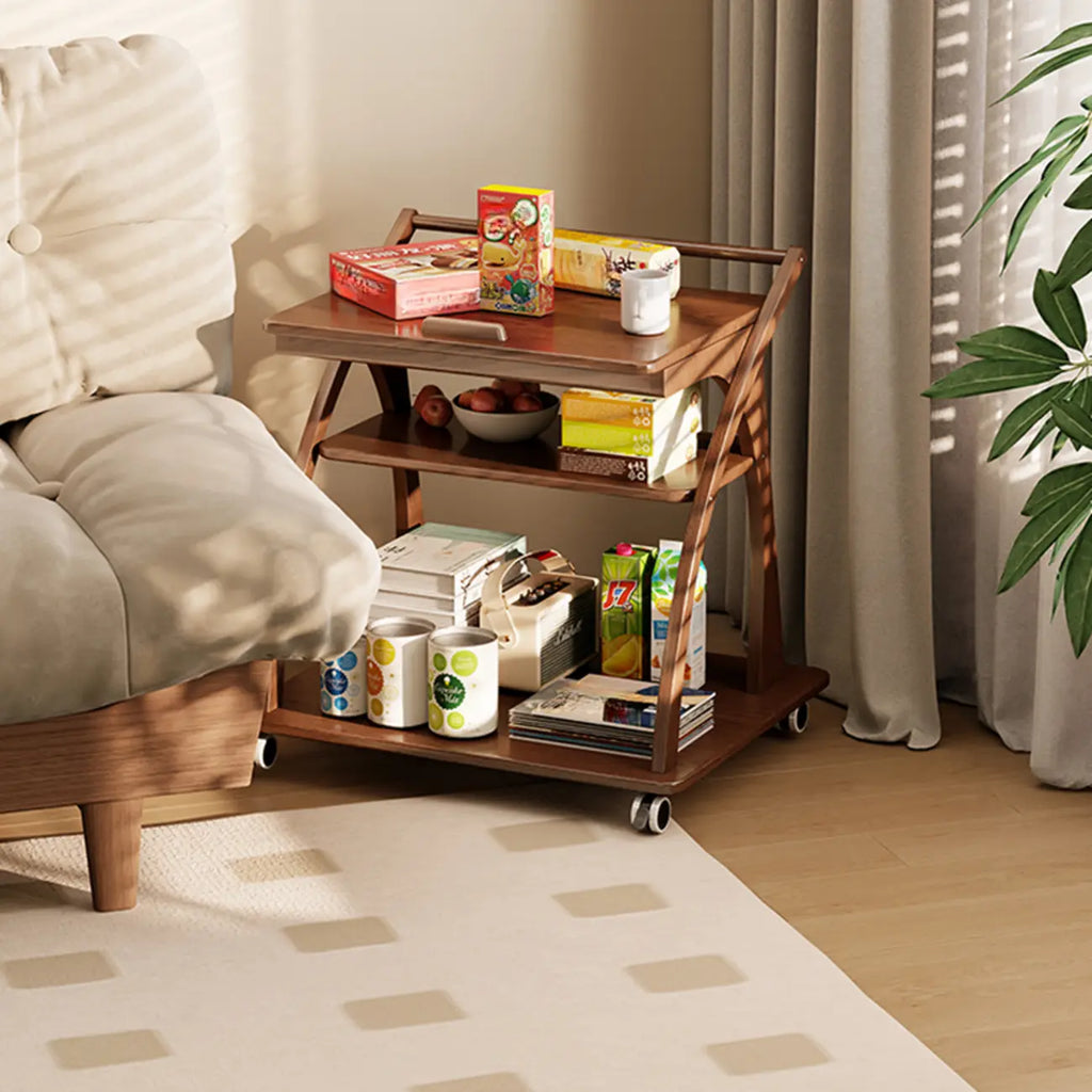 Folding 3-Tier Wooden Flip Top Rolling Side Table Nut-Brown