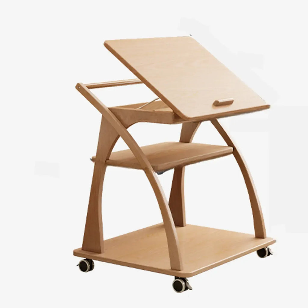 Folding 3-Tier Wooden Flip Top Rolling Side Table Nut-Brown