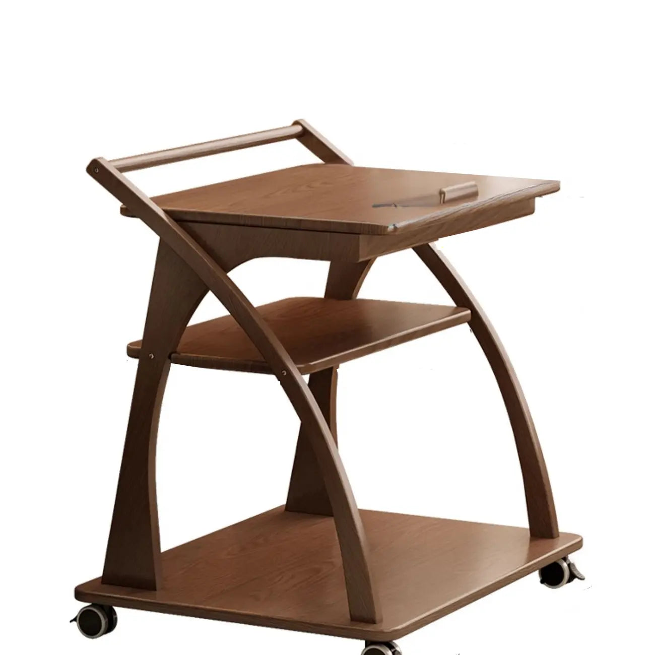 Folding 3-Tier Wooden Flip Top Rolling Side Table Nut-Brown