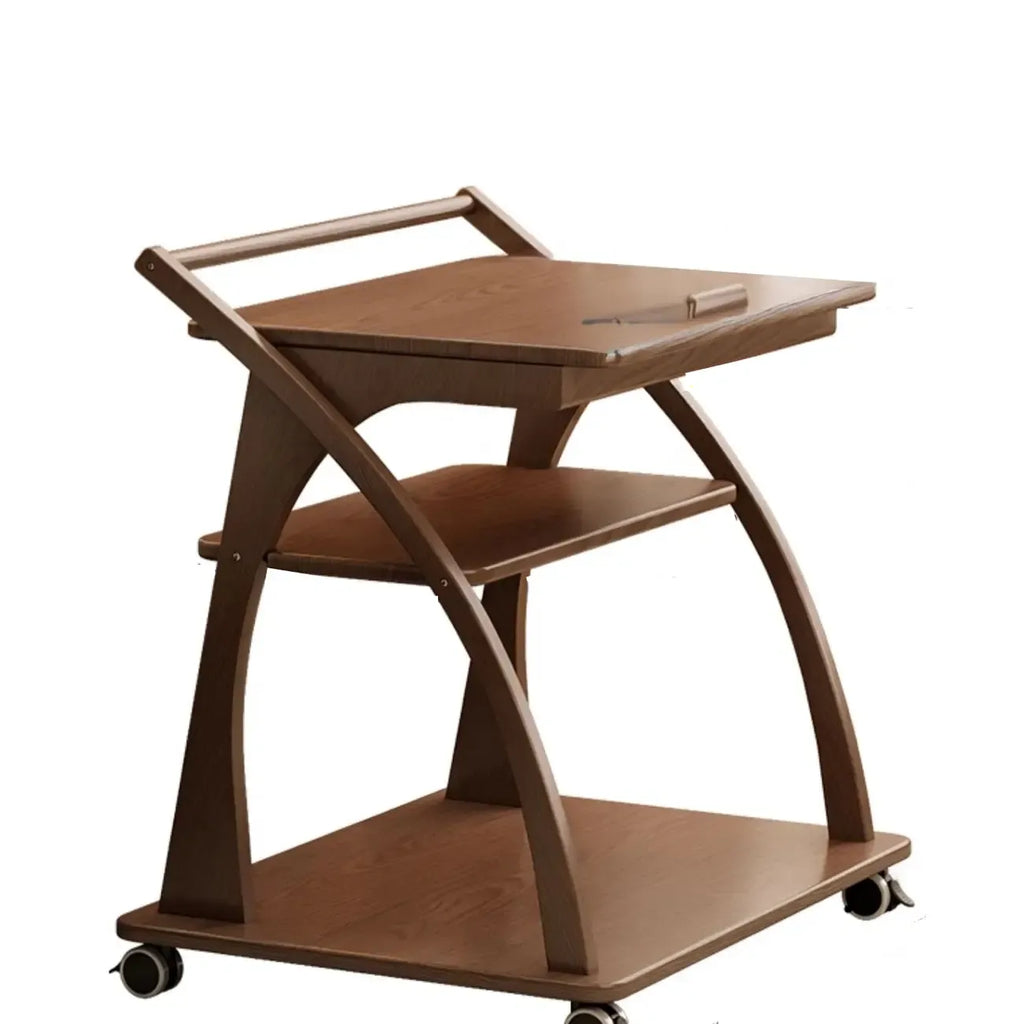 Folding 3-Tier Wooden Flip Top Rolling Side Table Nut-Brown