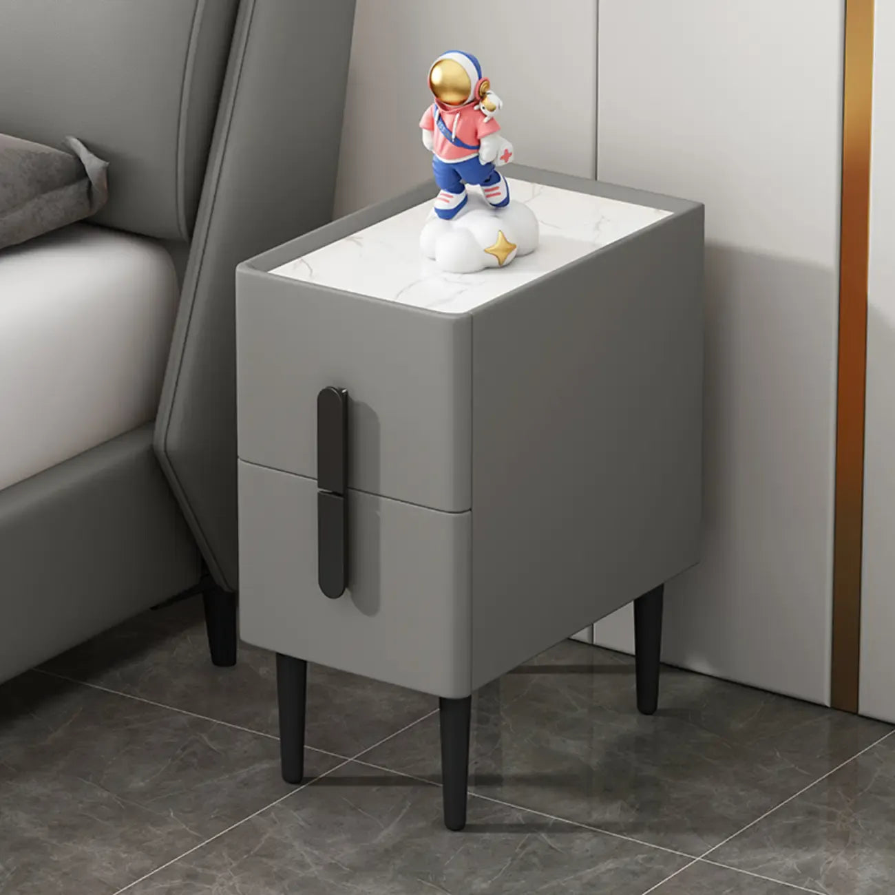 Trendy Gray Bedside 2-Drawer Nightstand with Stone Top