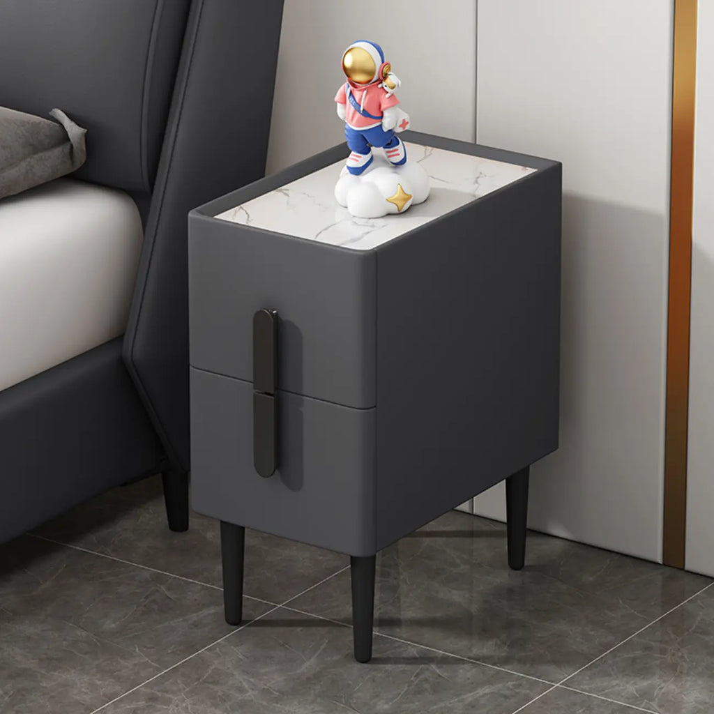 Trendy Gray Bedside 2-Drawer Nightstand with Stone Top