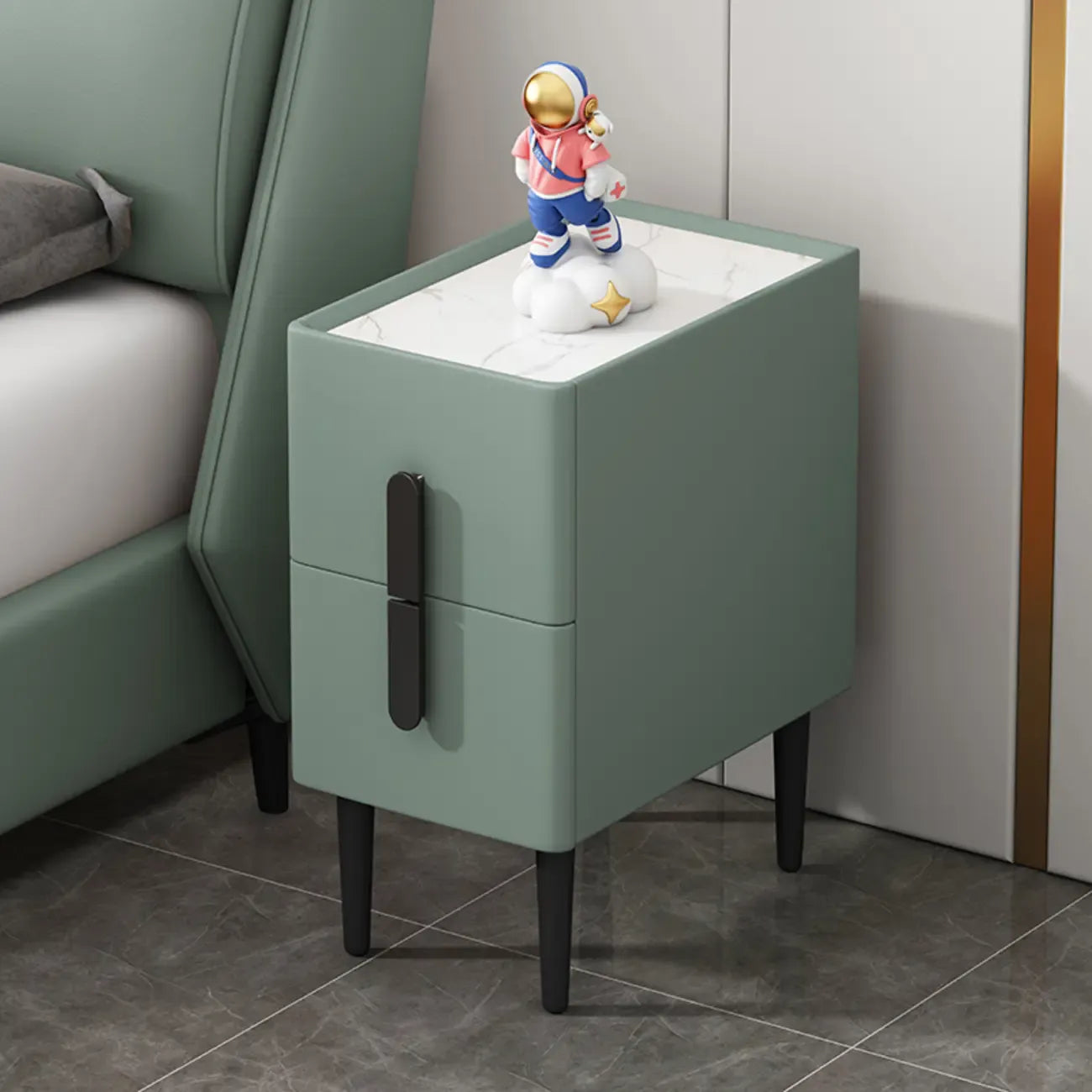 Trendy Gray Bedside 2-Drawer Nightstand with Stone Top