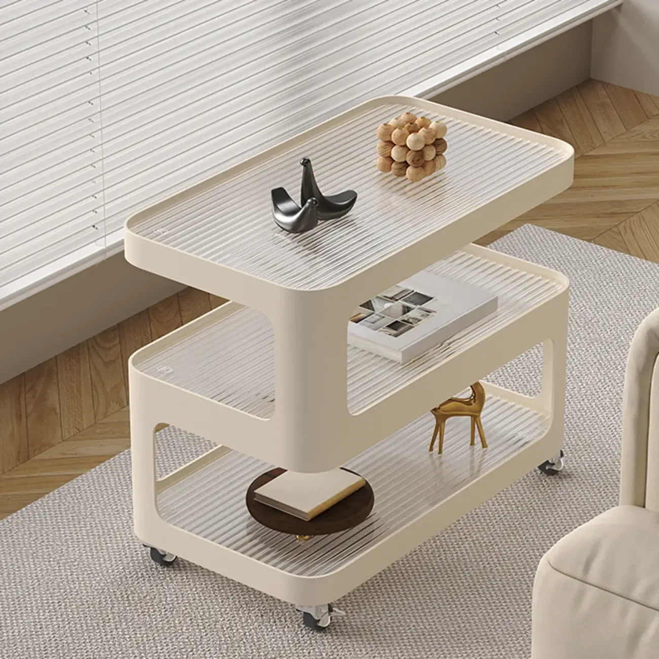 Unique 3-Tier Rotating White Corrugated Glass Metal Side Table