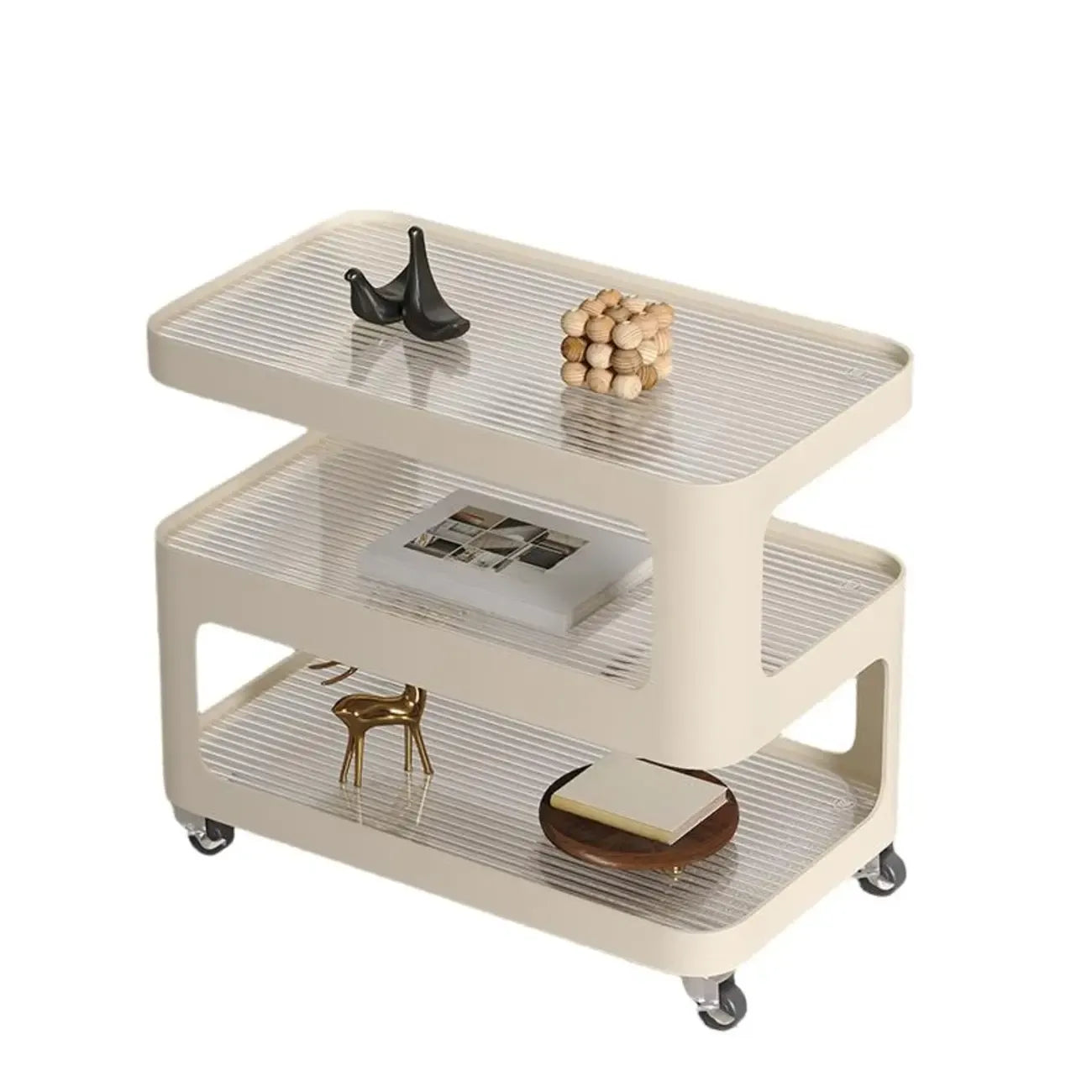 Unique 3-Tier Rotating White Corrugated Glass Metal Side Table