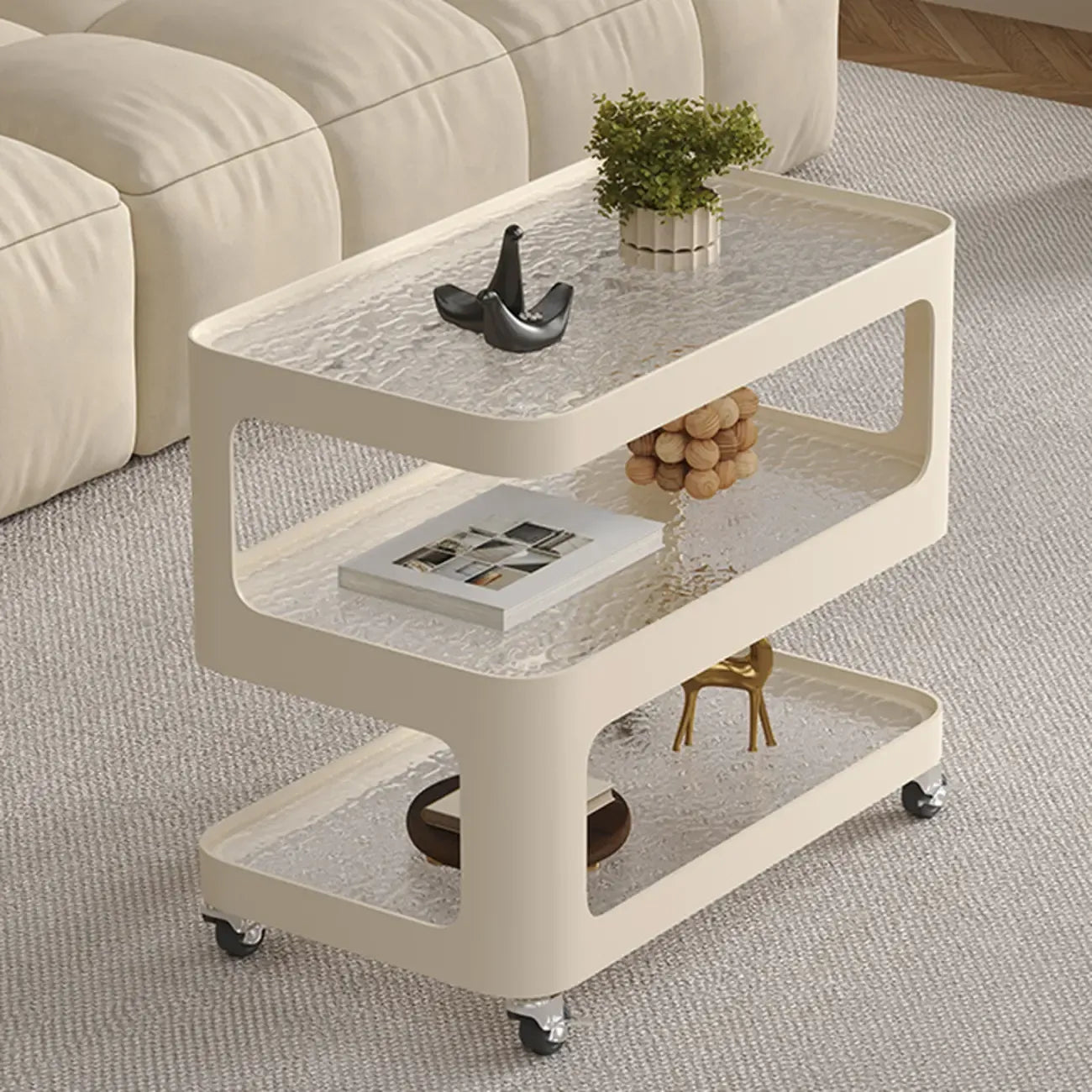 Unique 3-Tier Rotating White Corrugated Glass Metal Side Table