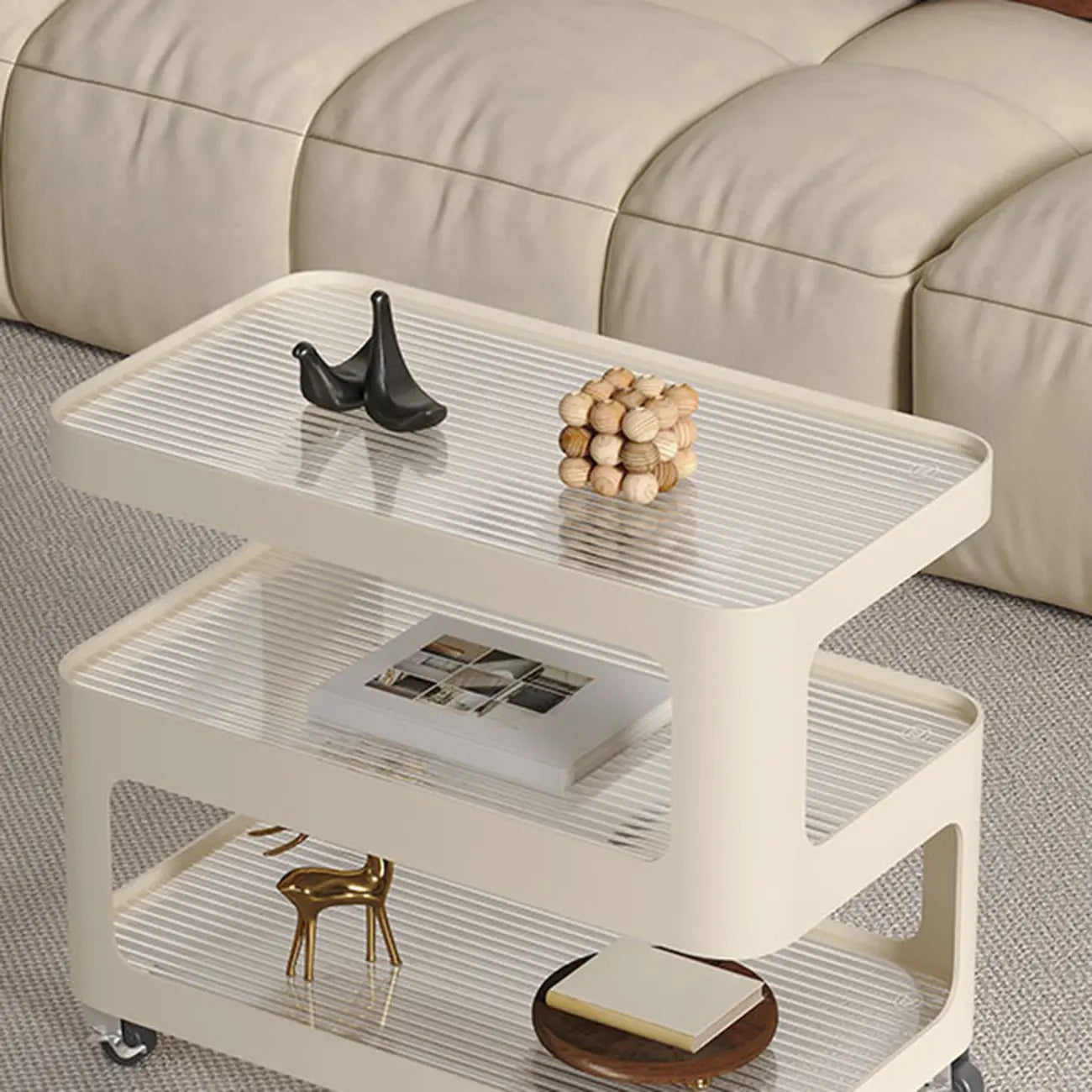 Unique 3-Tier Rotating White Corrugated Glass Metal Side Table