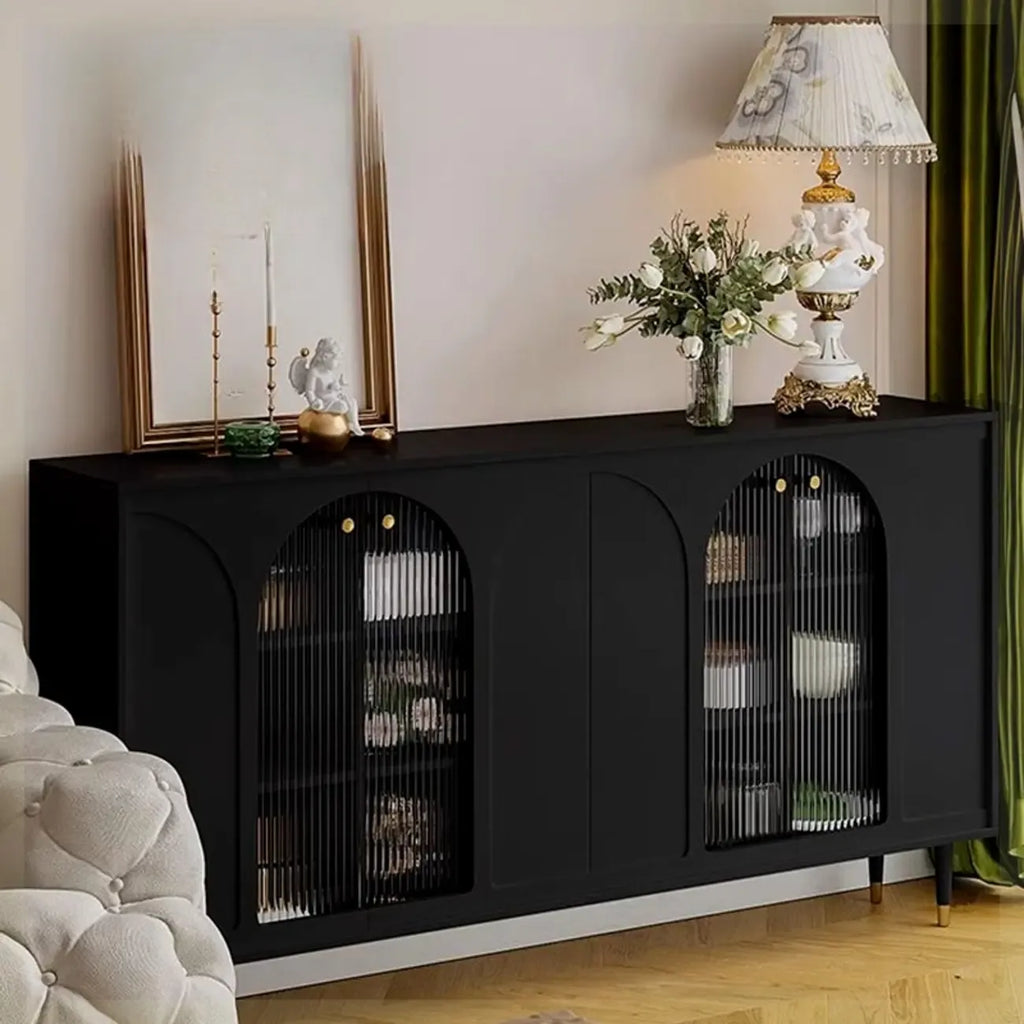 Narrow Glass Wooden White Black Sideboard Cabinet with Doors